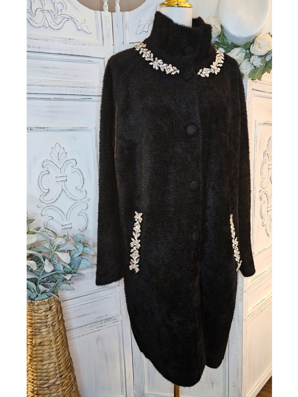 Anthropologie NVLT Black Eyelash Knit Crystal Floral Embellished Coat Cardigan